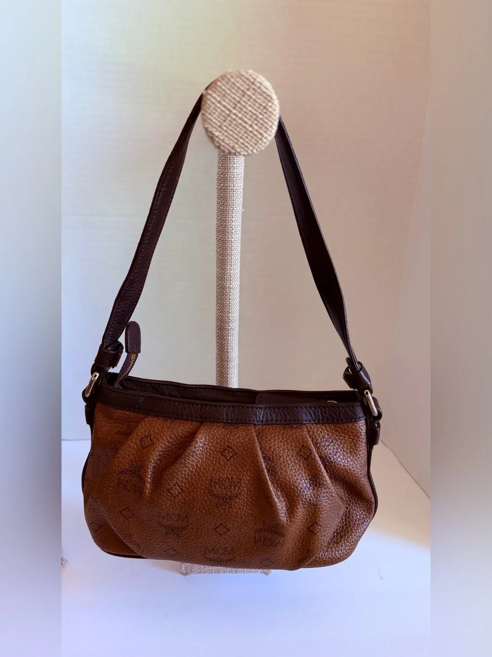 MCM Cognac Logo-Print Leather Shoulder Bag with Gold Plaque